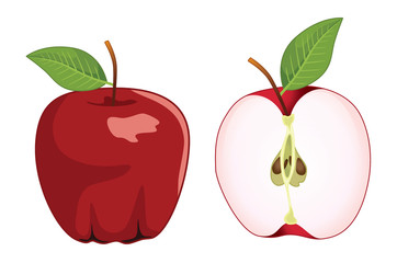 Red apple whole and half apple 