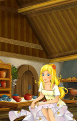 Obraz na płótnie Canvas Cartoon fairy tale scene of a girl in the kitchen - illustration for children