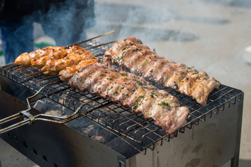 grilled meat skewers, barbecue