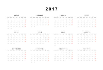 Simple modern calendar 2017 in Spanish. Template with a calendar for 2017 for design. Week starts from sunday
