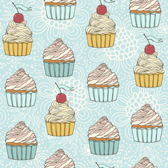 Seamless pattern with beautiful cup cakes.