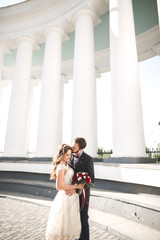 Beautiful couple, bride and groom posing near big white column