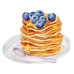 Watercolor pancakes with blueberries. - 113212744