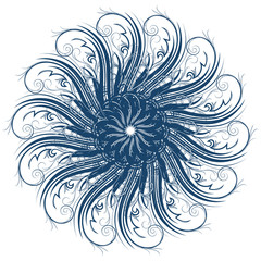 Curly pattern of blue on a white background