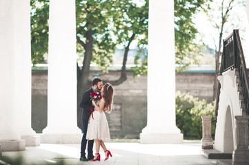 Beautiful couple, bride and groom posing near big white column