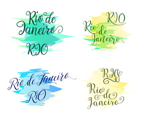 Hand drawn lettering elements design for brazilian label, badge, poster, banner, card with two variant name Rio and de Janeiro in different style isolated on white background at brazil flag color spot