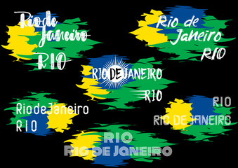 Typography elements design for brazilian label, badge, poster, banner, card with two variant name Rio and de Janeiro in different style isolated on black background at smear spot brazil flag color