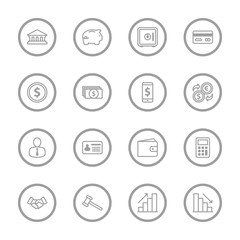 gray line business commercial and finance icon set with circle frame for web design, user interface (UI), infographic and mobile application (apps)