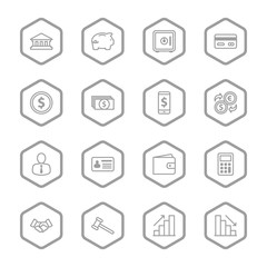 gray line business commercial and finance icon set with hexagon frame for web design, user interface (UI), infographic and mobile application (apps)