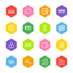 white line business commercial and finance icon set on colorful hexagon for web design, user interface (UI), infographic and mobile application (apps)