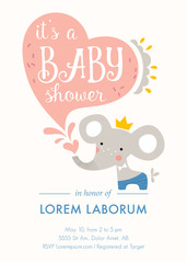 Baby shower invitation template. Card design with baby elephant, heart shape and hand lettering. Vector illustration.