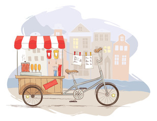 Hot dogs on bicycle/ Vector illustration, street food in the old city