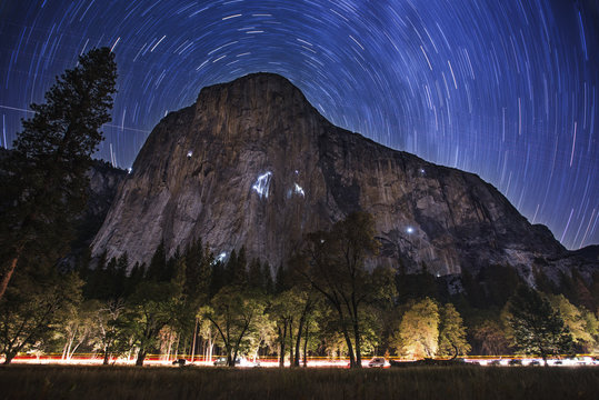 Scenic view of star trials over mountain at Yosemite National Park