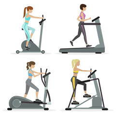 Set of girls with cardio equipments working out at the gym. Physical training for losing weight, reduction in fat mass. Vector. - obrazy, fototapety, plakaty