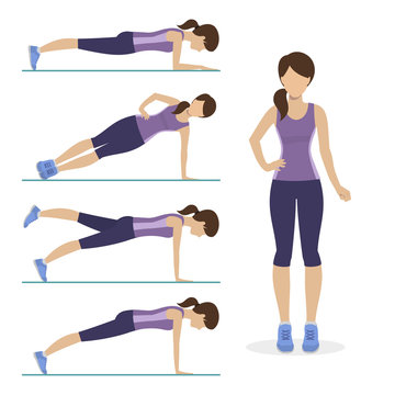Set of plank exercise. Girl doing different exercises plank. Physical training for losing weight, reduction in fat mass. Vector.