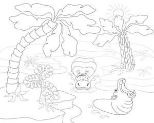 Obraz premium Coloring book or page with hippopotamus, river, palms and exotic plants. Vector illustration.