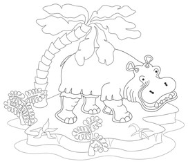 Obraz premium Coloring book or page with hippopotamus, island, palm and exotic plants. Vector illustration.