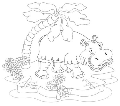 Coloring book or page with hippopotamus, island, palm and exotic plants. Vector illustration.