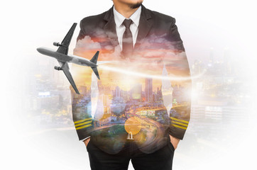 Double exposure pilot wearing suit