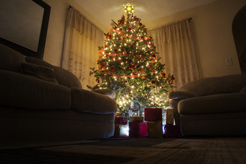 Lit Christmas tree with gifts underneath