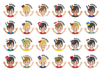 fans cheering with flags of european countries participating to the final tournament of Euro 2016 football championship in France
