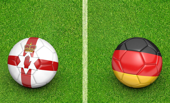 Team balls for Northern Ireland vs Germany football tournament match, 3D rendering