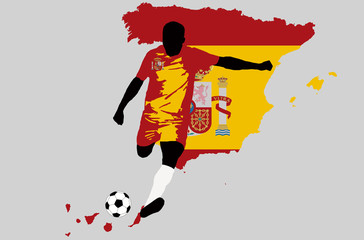 UEFA Euro 2016 vector illustration of football player run hit ball. Group D participant Soccer team player in uniform with state national flag of Spain original color. Spain map graphic clip art