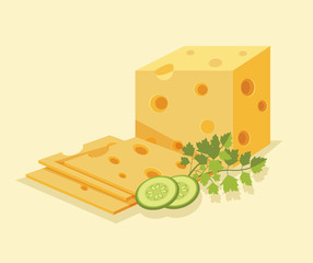 Piece of cheese. Slice cheese. Yellow cheese. Vector flat cartoon illustration