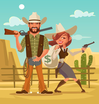 Bonnie and Clyde. Woman and man thieves. Western robbers. Vector flat cartoon illustration