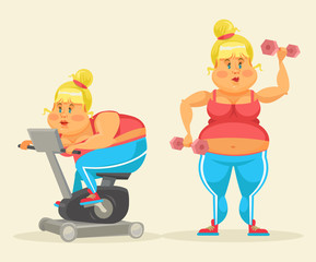 Woman exercising. Fat woman in gym. Fat woman do sport. Vector flat cartoon illustration set