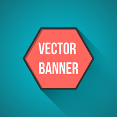 Hexagon red banner on blue background. Flat design.