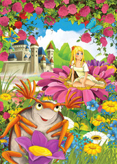 Obraz na płótnie Canvas Cartoon scene of a elf princess and a bug like beetle - castle in the background - illustration for children