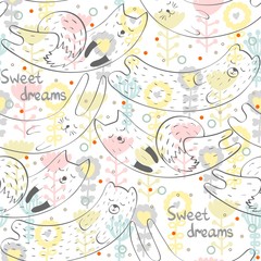 Cartoon Sleeping animals. Hand Drawn illustration. Seamless pattern