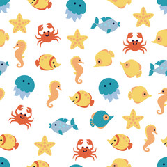 Seamless pattern with cartoon sea animals on white background.