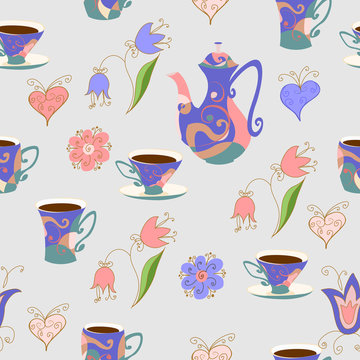 Seamless pattern in Doodle style with  teapot cups, flowers and hearts.