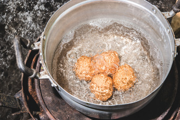 Boiled eggs in pot