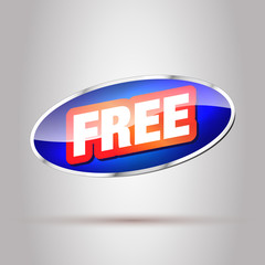 Free. Big Free Button. Free Tag, Badge, Sticker. Blue Button with Red Free Text.