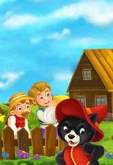 Beautifully colored scene with cartoon character - cat traveler is standing and looking to the audience - two men in the background - illustration for children