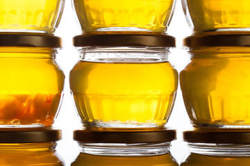 Bright yellow jam - dandelion flower honey. Selective focus. Sha