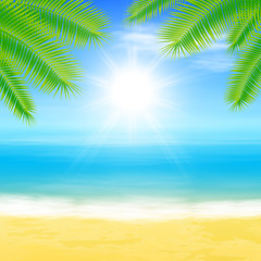 Fototapeta na wymiar Beach and tropical sea with palmtree leaves