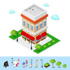 Isometric City. City Cafe with Tables and Trees. Vector illustration