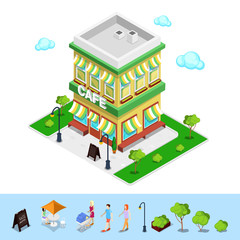 Isometric City. City Cafe with Tables and Trees. Vector illustration