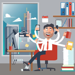 Multitasking Business Man at Work in Office. Happy Man has Six Arms Doing Office Tasks. Vector illustration