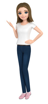 3D illustration character - The girl who wore a T-shirt guides you.