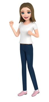 3D illustration character - The girl who wore a T-shirt of the victory pose.