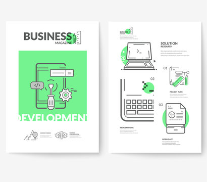 Business brochure flyer design layout template, with concept icons:
Mobile development.