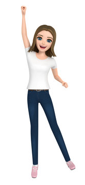 3D illustration character - The girl who wore a T-shirt of the victory pose.