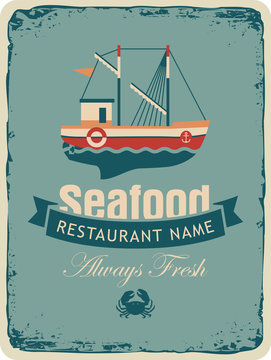 Retro banner for a restaurant or seafood store with fishing boats and crab