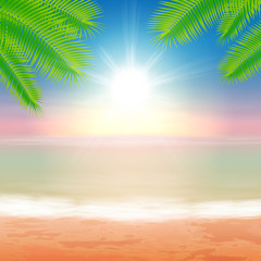 Beach and tropical sea with palmtree leaves