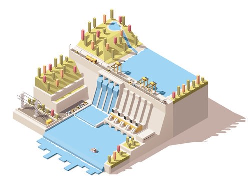 Vector isometric hydro power plant infographic